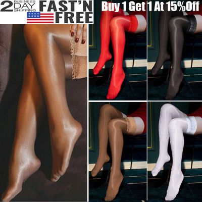 Oil Shiny Glossy Satin High Stockings Women Stay Up Silicone Thigh-Highs Hosiery